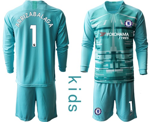 Chelsea #1 Arrizabalaga Light Blue Goalkeeper Long Sleeves Kid Soccer Club Jersey